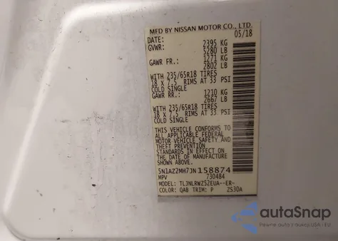 2018 Nissan Murano Sl from USA, damaged, VIN 5N1AZ2MH7JN158874